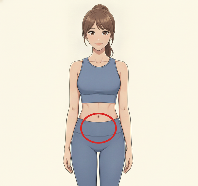 丹田の位置を示すイラスト。おへその下あたりの下腹部を赤い楕円で示している