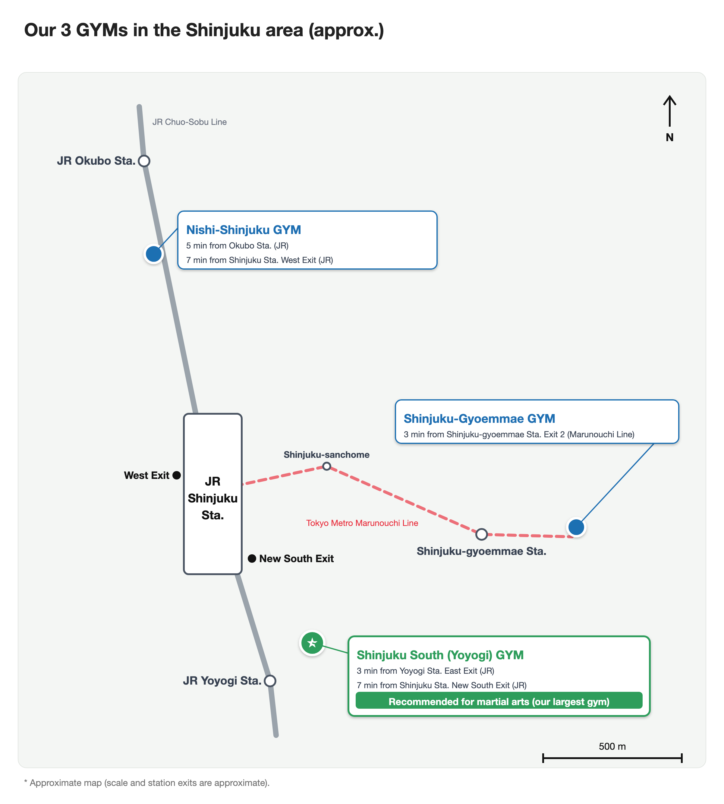 Map of our three gyms in the Shinjuku area: Nishi-Shinjuku GYM, Shinjuku-Gyoemmae GYM and Shinjuku South (Yoyogi) GYM