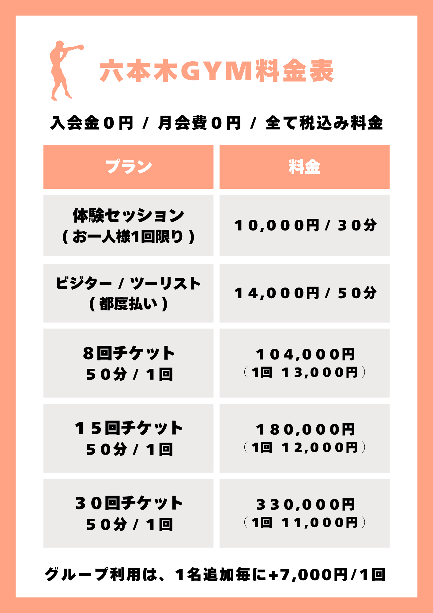 料金表(税込):入会金・月会費0円。体験セッション30分¥10,000、ビジター50分¥14,000、8回チケット¥104,000、15回チケット¥180,000、30回チケット¥330,000、グループ追加+¥7,000。
