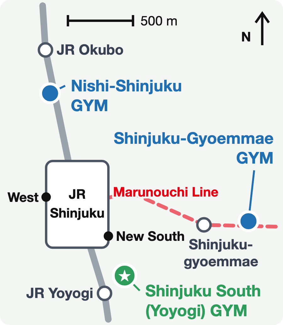 Map of our three gyms in the Shinjuku area: Nishi-Shinjuku GYM, Shinjuku-Gyoemmae GYM and Shinjuku South (Yoyogi) GYM