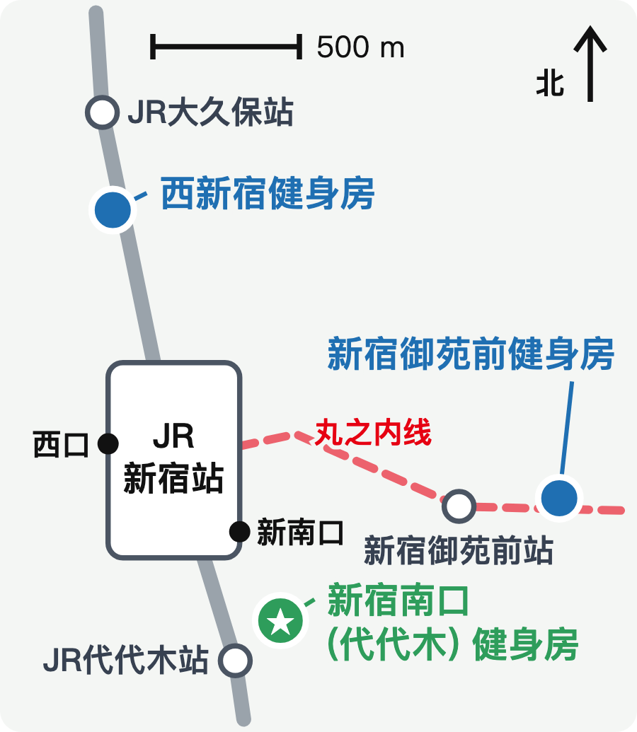 新宿地区 3 家健身房（西新宿健身房、新宿御苑前健身房、新宿南口 (代代木) 健身房）的位置关系图